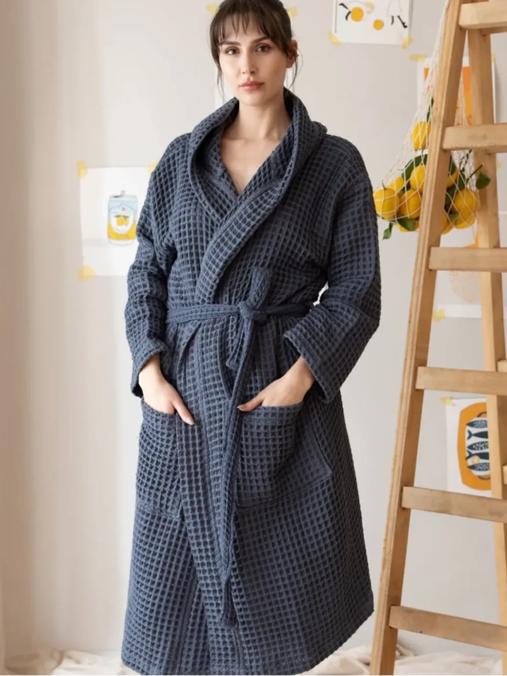 VIVAMAISON.COM Waffle Hooded Luxury Eco-Friendly Bathrobe blue